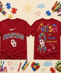 Oklahoma Sooners NCAA Autism Awareness Puzzle Ribbon T Shirt , NCAA 3D Graphic Tee Oklahoma Sooners Ncaa Autism Awareness Puzzle Ribbon T Shirt
