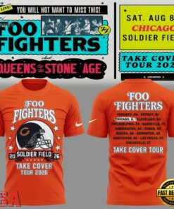 Orange Shirt Foo Fighters x Chicago Bears, Take Cover Tour 2026 T Shirt , Music Design T Shirt Orange Shirt Foo Fighters X Chicago Bears Take Cover Tour 2026 T Shirt