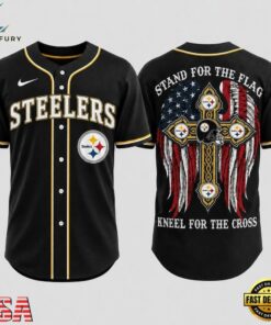 Pittsburgh Steelers NFL Stand For The Flag Kneel For The Cross Baseball Jersey Shirt , NFL Baseball Shirt Pittsburgh Steelers Nfl Stand For The Flag Kneel For The Cross Baseball Jersey Shirt