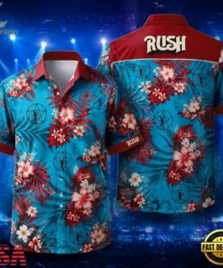 Red Flowers on Blue Rush Rock Music Band Hawaiian Shirt , Music Fan Hawaiian Shirt Red Flowers ON Blue Rush Rock Music Band Hawaiian Shirt