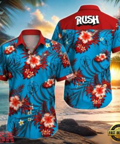 Red Flowers on Blue Rush Rock Music Band Summer Aloha Hawaiian Shirt, Music Fan Hawaiian Shirt Red Flowers ON Blue Rush Rock Music Band Summer Aloha Hawaiian Shirt