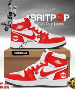 Robbie Williams BRITPOP World Tour 2026 Red Air Jordan 1 Hightop Shoes , Music Shoes Robbie Williams Britpop World Tour 2026 Red Air Jordan 1 Hightop Shoes
