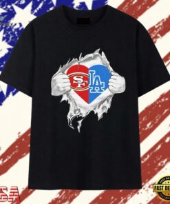San Francisco 49ers and Los Angeles Dodgers mashup heart with Superman chest rip T Shirt, Trendy 2D Print Shirt San Francisco 49ers And Los Angeles Dodgers Mashup Heart With Superman Chest Rip T Shirt
