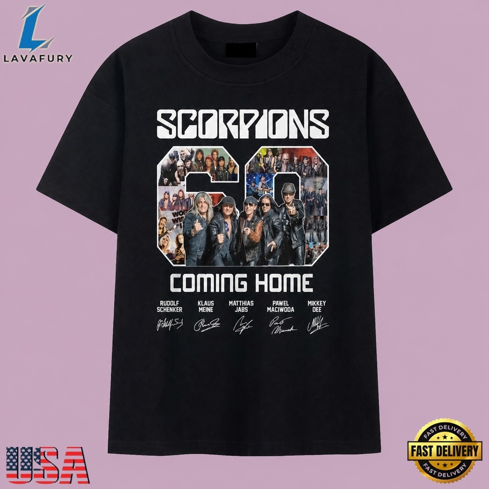 Scorpions 60th Anniversary Coming Home Signatures Vintage Band T Shirt, Music 2D Graphic Tee Scorpions 60th Anniversary Coming Home Signatures Vintage Band T Shirt