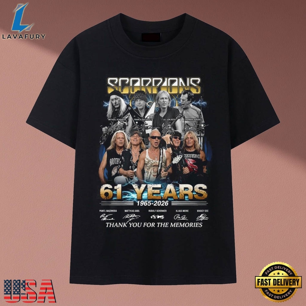Scorpions Band 61 Years 1965 2026 Signatures Rock Vintage T Shirt, Music 2D Graphic Tee Scorpions Band 61 Years 1965 2026 Signatures Rock Vintage T Shirt