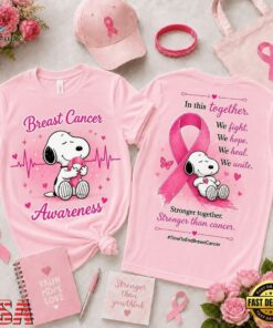 Snoopy Breast Cancer Awareness Stronger Together Pink Ribbon T Shirt , Trending Music 3D Tee Snoopy Breast Cancer Awareness Stronger Together Pink Ribbon T Shirt