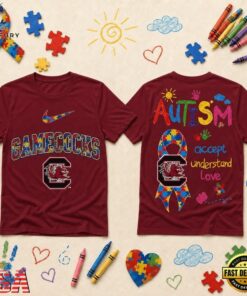 South Carolina Gamecocks NCAA Autism Awareness Puzzle Ribbon T Shirt , NCAA 3D Graphic Tee South Carolina Gamecocks Ncaa Autism Awareness Puzzle Ribbon T Shirt