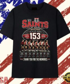 St Kilda Saints 153 Years 1873 2026 Signatures AFL Football T Shirt , Trendy 2D Print Shirt ST Kilda Saints 153 Years 1873 2026 Signatures Afl Football T Shirt
