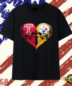 Temple Owls x Pittsburgh Steelers skulls face to face heart shape distressed T Shirt , Trendy 2D Print Shirt Temple Owls X Pittsburgh Steelers Skulls Face TO Face Heart Shape Distressed T Shirt