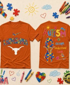 Texas Longhorns NCAA Autism Awareness Puzzle Ribbon T Shirt , NCAA 3D Graphic Tee Texas Longhorns Ncaa Autism Awareness Puzzle Ribbon T Shirt