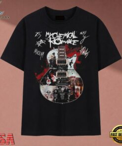 Vintage My Chemical Romance Band Signatures Guitar Collage T Shirt , Music 2D Graphic Tee Vintage MY Chemical Romance Band Signatures Guitar Collage T Shirt