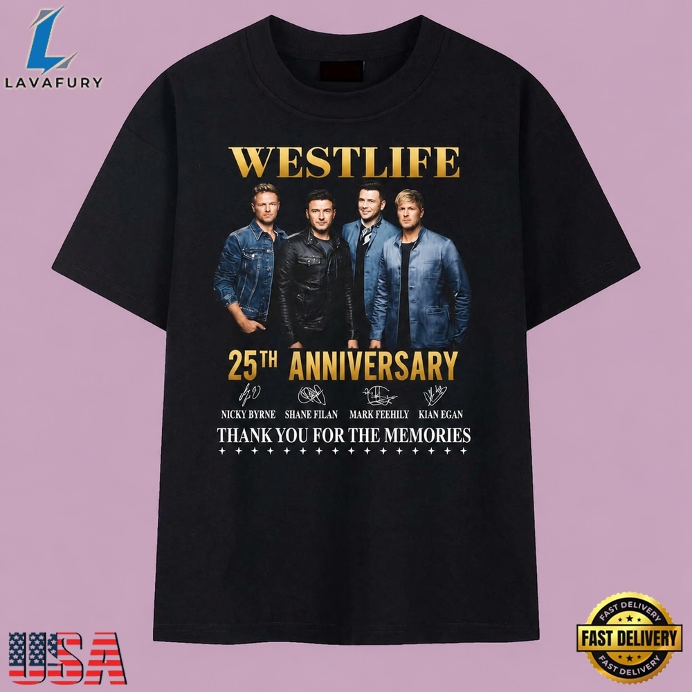 Vintage Westlife 25th Anniversary Thank You For The Memories Signatures T Shirt, Music 2D Graphic Tee Vintage Westlife 25th Anniversary Thank You For The Memories Signatures T Shirt