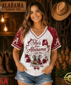 Alabama Crimson Tide NCAA Bow and Floral Team Spirit V Neck T Shirt, NCAA V Neck Fan Shirt Alabama Crimson Tide Ncaa Bow And Floral Team Spirit V Neck T Shirt
