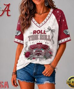Alabama Crimson Tide NCAA Floral Stadium Bow V Neck 3D T Shirt, NCAA V Neck Fan Shirt Alabama Crimson Tide Ncaa Floral Stadium Bow V Neck 3D T Shirt
