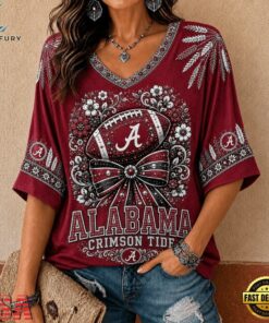 Alabama Crimson Tide NCAA Vintage Floral Bow V Neck T Shirt, NCAA V Neck Fan Shirt Alabama Crimson Tide Ncaa Vintage Floral Bow V Neck T Shirt
