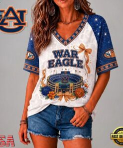 Auburn Tigers NCAA Floral Stadium Bow V Neck 3D T Shirt, NCAA V Neck Fan Shirt Auburn Tigers Ncaa Floral Stadium Bow V Neck 3D T Shirt