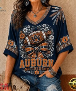 Auburn Tigers NCAA Vintage Floral Bow V Neck T Shirt, NCAA V Neck Fan Shirt Auburn Tigers Ncaa Vintage Floral Bow V Neck T Shirt