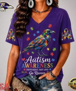 Baltimore Ravens NFL Different, Not Less Autism Awareness V neck T Shirt, NFL Team V Neck Tee Baltimore Ravens Nfl Different Not Less Autism Awareness V Neck T Shirt