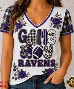 Baltimore Ravens NFL Football Flowers Team Pride V Neck T Shirt, NFL Team V Neck Tee Baltimore Ravens Nfl Football Flowers Team Pride V Neck T Shirt