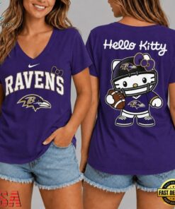 Baltimore Ravens NFL Hello Kitty Football V Neck T Shirt, NFL Team V Neck Tee Baltimore Ravens Nfl Hello Kitty Football V Neck T Shirt