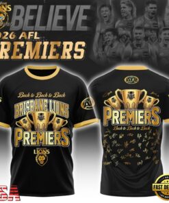 Brisbane Lions 2026 AFL Premiers Three Peat Signature Black T Shirt, Viral 3D Graphic Tee Brisbane Lions 2026 Afl Premiers Three Peat Signature Black T Shirt