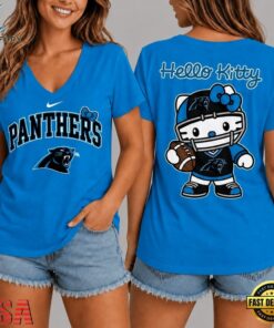 Carolina Panthers NFL Hello Kitty Football V Neck T Shirt, NFL Team V Neck Tee Carolina Panthers Nfl Hello Kitty Football V Neck T Shirt