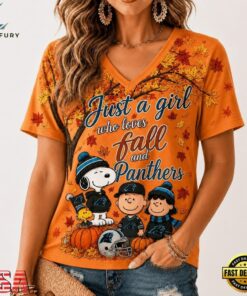 Carolina Panthers NFL Snoopy Peanuts Fall Season V Neck T Shirt, NFL Team V Neck Tee Carolina Panthers Nfl Snoopy Peanuts Fall Season V Neck T Shirt