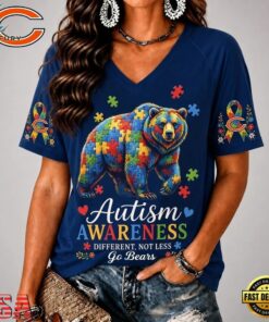 Chicago Bears NFL Different, Not Less Autism Awareness V neck T Shirt, NFL Team V Neck Tee Chicago Bears Nfl Different Not Less Autism Awareness V Neck T Shirt