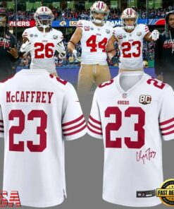 Christian McCaffrey San Francisco 49ers 80th Anniversary Signatures Print Football Jersey, Fashion Football Jersey Christian Mccaffrey San Francisco 49ers 80th Anniversary Signatures Print Football Jersey