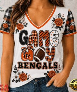 Cincinnati Bengals NFL Football Flowers Team Pride V Neck T Shirt, NFL Team V Neck Tee Cincinnati Bengals Nfl Football Flowers Team Pride V Neck T Shirt