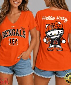 Cincinnati Bengals NFL Hello Kitty Football V Neck T Shirt, NFL Team V Neck Tee Cincinnati Bengals Nfl Hello Kitty Football V Neck T Shirt