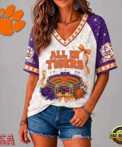 Clemson Tigers NCAA Floral Stadium Bow V Neck 3D T Shirt, NCAA V Neck Fan Shirt Clemson Tigers Ncaa Floral Stadium Bow V Neck 3D T Shirt