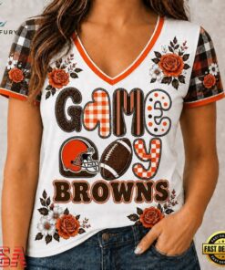 Cleveland Browns NFL Football Flowers Team Pride V Neck T Shirt, NFL Team V Neck Tee Cleveland Browns Nfl Football Flowers Team Pride V Neck T Shirt