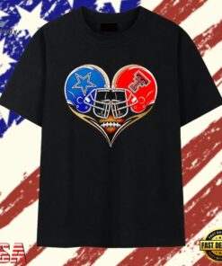 Dallas Cowboys and Texas Tech Red Raiders Heart Football Helmet T Shirt, Trendy 2D Print Shirt Dallas Cowboys And Texas Tech Red Raiders Heart Football Helmet T Shirt