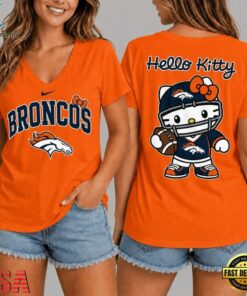 Denver Broncos NFL Hello Kitty Football V Neck T Shirt, NFL Team V Neck Tee Denver Broncos Nfl Hello Kitty Football V Neck T Shirt