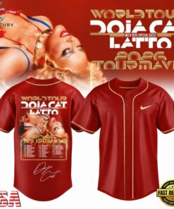 Doja Cat Tour Ma Vie World Tour 2026 Signature Graphic Red Baseball Jersey, Music Artist Baseball Jersey Doja Cat Tour MA Vie World Tour 2026 Signature Graphic Red Baseball Jersey