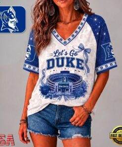 Duke Blue Devils NCAA Floral Stadium Bow V Neck 3D T Shirt, NCAA V Neck Fan Shirt Duke Blue Devils Ncaa Floral Stadium Bow V Neck 3D T Shirt