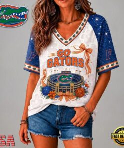 Florida Gators NCAA Floral Stadium Bow V Neck 3D T Shirt, NCAA V Neck Fan Shirt Florida Gators Ncaa Floral Stadium Bow V Neck 3D T Shirt