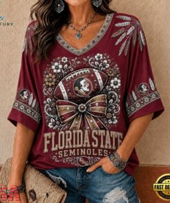Florida State Seminoles NCAA Vintage Floral Bow V Neck T Shirt, NCAA V Neck Fan Shirt Florida State Seminoles Ncaa Vintage Floral Bow V Neck T Shirt