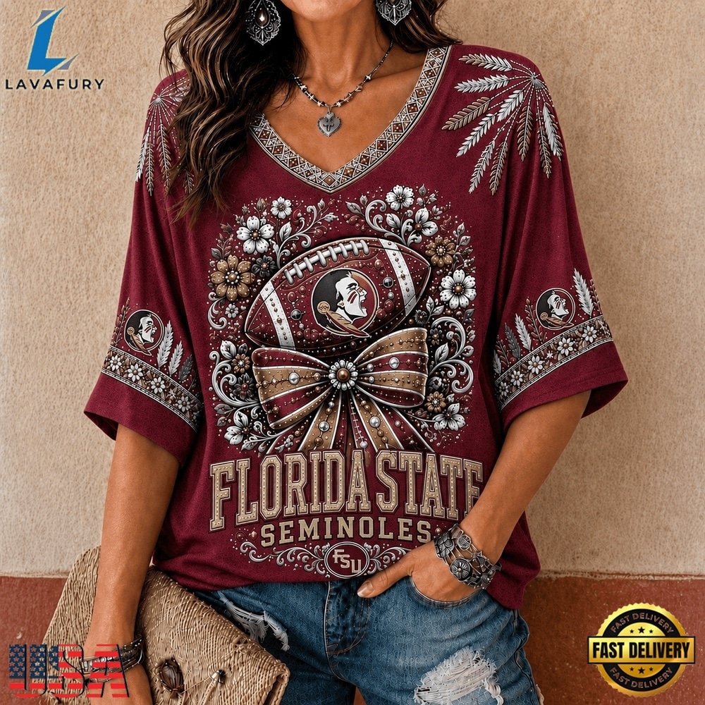 Florida State Seminoles NCAA Vintage Floral Bow V Neck T Shirt, NCAA V Neck Fan Shirt Florida State Seminoles Ncaa Vintage Floral Bow V Neck T Shirt