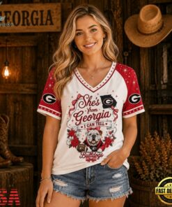 Georgia Bulldogs NCAA Bow and Floral Team Spirit V Neck T Shirt, NCAA V Neck Fan Shirt Georgia Bulldogs Ncaa Bow And Floral Team Spirit V Neck T Shirt