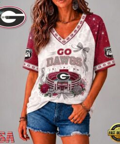 Georgia Bulldogs NCAA Floral Stadium Bow V Neck 3D T Shirt, NCAA V Neck Fan Shirt Georgia Bulldogs Ncaa Floral Stadium Bow V Neck 3D T Shirt
