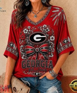 Georgia Bulldogs NCAA Vintage Floral Bow V Neck T Shirt, NCAA V Neck Fan Shirt Georgia Bulldogs Ncaa Vintage Floral Bow V Neck T Shirt