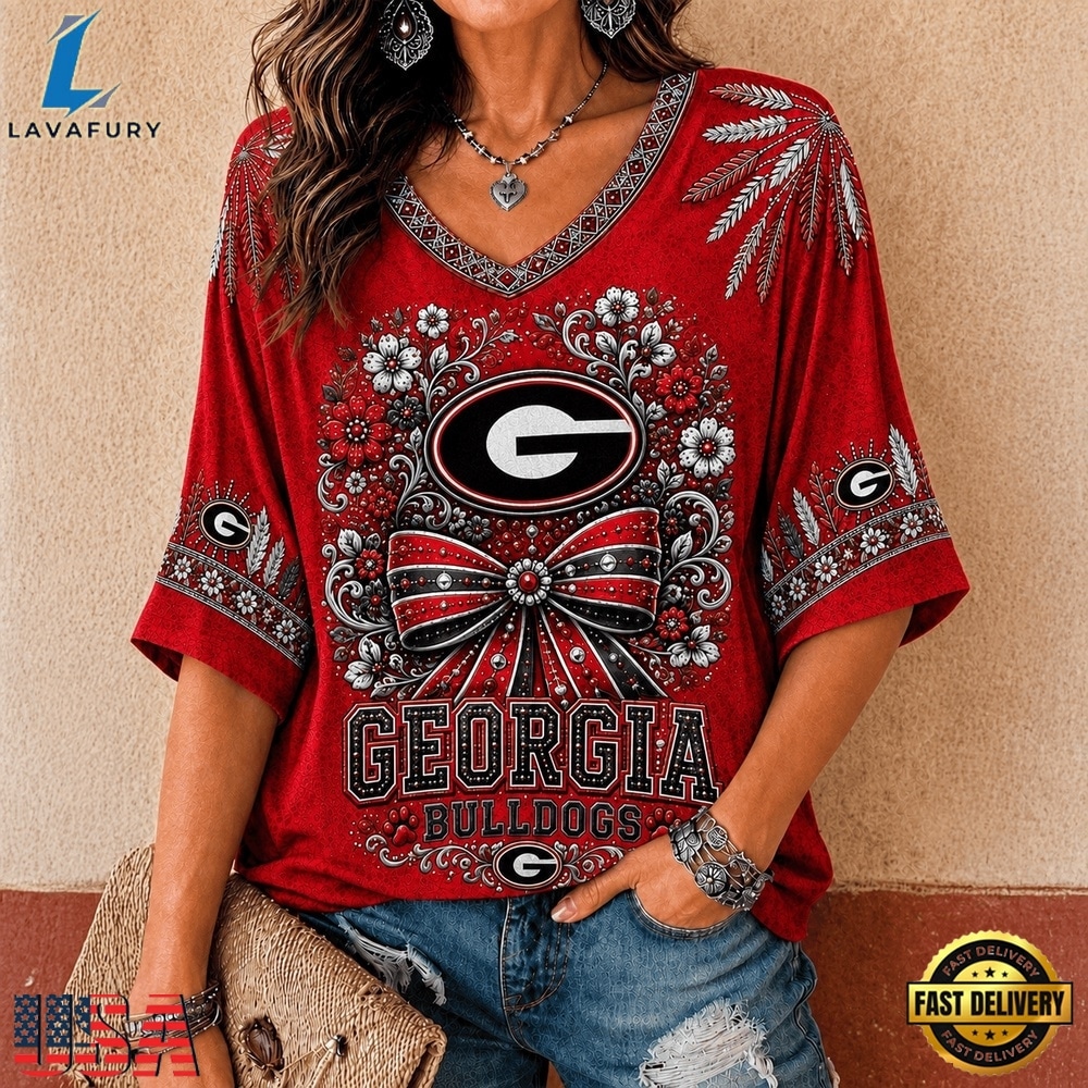 Georgia Bulldogs NCAA Vintage Floral Bow V Neck T Shirt, NCAA V Neck Fan Shirt Georgia Bulldogs Ncaa Vintage Floral Bow V Neck T Shirt