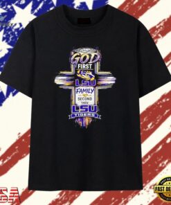 God First LSU Family Second Then LSU Tigers retro cross T Shirt, Trendy 2D Print Shirt God First Lsu Family Second Then Lsu Tigers Retro Cross T Shirt