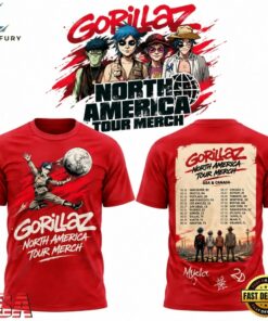 Gorillaz The North American Mountain Tour 2026 Limited Edition Red T Shirt, Trending Music 3D Tee Gorillaz The North American Mountain Tour 2026 Limited Edition Red T Shirt