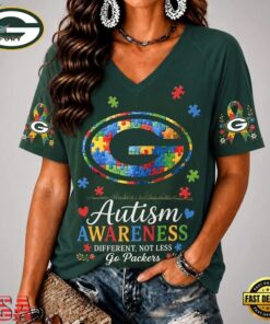 Green Bay Packers NFL Different, Not Less Autism Awareness V neck T Shirt, NFL Team V Neck Tee Green Bay Packers Nfl Different Not Less Autism Awareness V Neck T Shirt