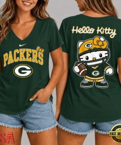Green Bay Packers NFL Hello Kitty Football V Neck T Shirt, NFL Team V Neck Tee Green Bay Packers Nfl Hello Kitty Football V Neck T Shirt