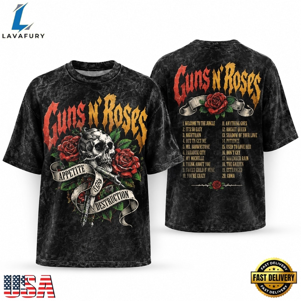 Guns N Roses Appetite For Destruction Tracklist Back Print Vintage Rock T Shirt, Trending Music 3D Tee Guns N Roses Appetite For Destruction Tracklist Back Print Vintage Rock T Shirt