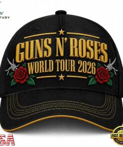 Guns N Roses World Tour 2026 Gold Text Rose Graphics Classic Cap, Music Lover Baseball Cap Guns N Roses World Tour 2026 Gold Text Rose Graphics Classic Cap